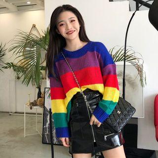 Striped Sweater / Faux Leather A-line Skirt