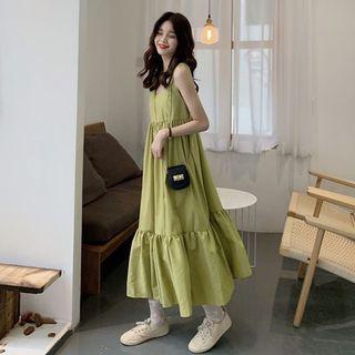 Suspender Square-neck Plain Pleated Dress