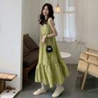 Suspender Square-neck Plain Pleated Dress