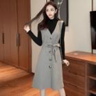 High-neck Plain Long-sleeve T-shirt / V-neck Strap Tank Top Dress
