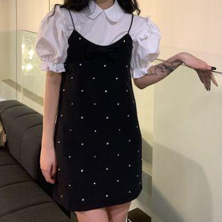 Short-sleeve Frill Trim Shirt / Spaghetti Strap Embellished Mini Dress