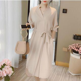 Elbow-sleeve V-neck Asymmetrical Chiffon Dress