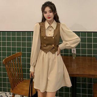 Long-sleeve Collared Mini A-line Dress / Double-breasted Faux Leather Vest