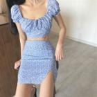Floral Short-sleeve Slim-fit Cropped Top / Skirt
