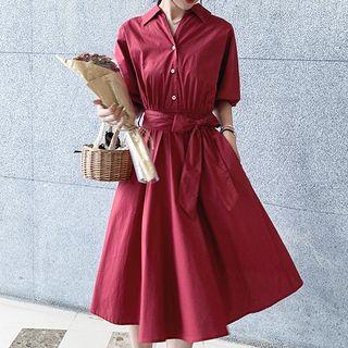 Elbow-sleeve Tie-waist Shirt Dress