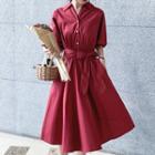 Elbow-sleeve Tie-waist Shirt Dress