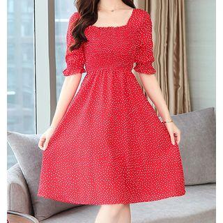 Elbow-sleeve Dotted Midi A-line Dres