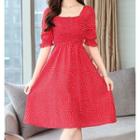 Elbow-sleeve Dotted Midi A-line Dres