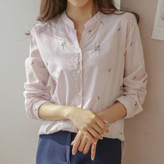 Mandarin-collar Flower-embroidered Shirt