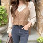 Puff-sleeve Crochet-panel T-shirt Brown - One Size