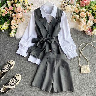Set: Mock Two-piece Shirt + High-waist Shorts