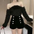 Long-sleeve Fluffy Cold-shoulder Top / Double Breasted Shorts / Mini Skirt