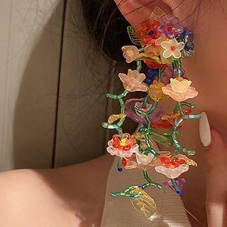 Flower Acrylic Fringed Earring 1 Pair - Silver Needle - Yellow & Red & Green - One Size
