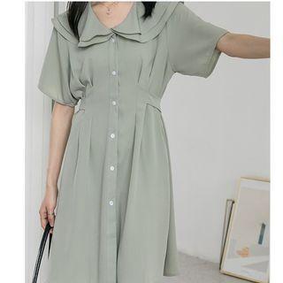 Ruffle-collar Short-sleeve Tie-waist Dress