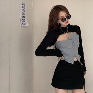Long-sleeve Knit Shrug / Irregular Shirred Tube Top