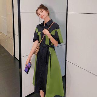 Short Sleeve Color Block A-line Shirtdress