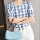 Short Sleeve Square Neck Check Blouse