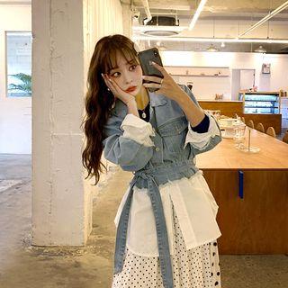 Fringed Shirt-layered Denim Jacket With Sash Light Blue - One Size