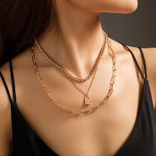 Rhinestone Lock Pendant Layered Necklace 1 Pc - Nz976 - Rhinestone Lock Pendant Layered Necklace - Gold - One Size