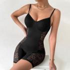 Spaghetti-strap V-neck Leopard Print Mesh Panel Playsuit