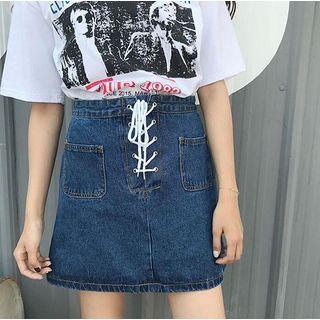 Lace-up High-waist Denim Skirt