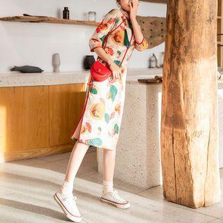Long-sleeve Print Midi Qipao Dress