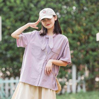 Tie Neck Short-sleeve Shirt Light Purple - One Size