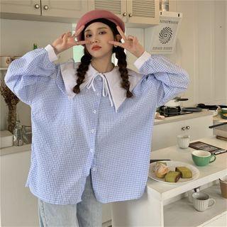 Long-sleeve Wide Collar Tie-neck Check Shirt