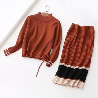 Set: Mock Neck Sweater + Color Block Midi Knit Skirt