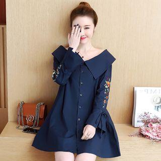 Floral Embroidered Long-sleeve Shirt Dress