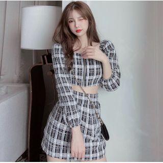 Set: 3/4 Sleeve Zipped Plaid Crop Top + High Waist Plaid Skirt