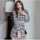 Set: 3/4 Sleeve Zipped Plaid Crop Top + High Waist Plaid Skirt