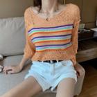Striped Crochet Knit 3/4-sleeve Top