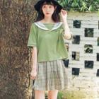 Set: Sailor Collar Short-sleeve T-shirt + Plaid A-line Skirt