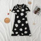 Short-sleeve Collared Flower Midi Dress Black - One Size