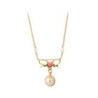 Fashion And Elegant Plated Gold Enamel Ribbon Flower Necklace With Imitation Pearls Golden - One Size
