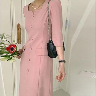 3/4-sleeve Notched Button-up Plain Midi Dress