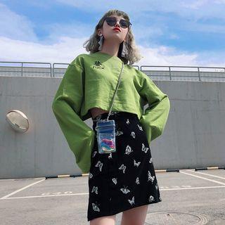 Letter Embroidered Cropped Long-sleeve T-shirt Green - One Size