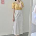 Puff-sleeve Plain Blouse / Midi A-line Skirt / Set