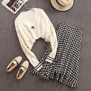 Set: Striped Cardigan + Checked Midi A-line Skirt