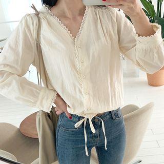 V-neck Lace-trim Blouse Cream - One Size