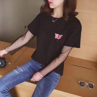 Mesh Sleeve Appliqu  Short-sleeve T-shirt
