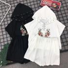 Set: Flower Embroidered Short-sleeve Hooded T-shirt + Shorts