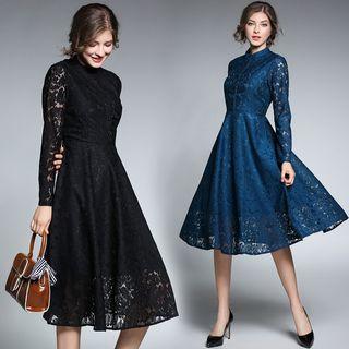Long-sleeved Crewneck A-line Sheath Panel Lace Long Dress