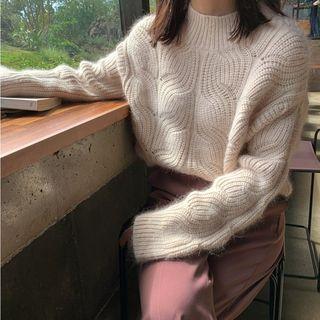 Plain Crew-neck Loose-fit Sweater Almond - One Size