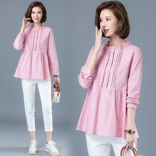 Floral Embroidered Pintuck Peplum Blouse