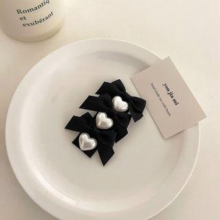 Heart Faux Pearl Bow Hair Clip Pearl Love Heart Bb Hair Clip - Black - One Size