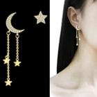 Non-matching Rhinestone Moon & Star Fringed Earring 1 Pair - Sterling Silver Needle - Drop Earring - One Size