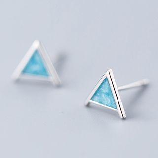 925 Sterling Silver Triangle Stud Earring 1 Pair - S925 Silver Stud - Silver & Blue - One Size