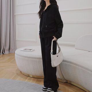 Set: Plain Zip-up Hoodie + Loose Fit Pants